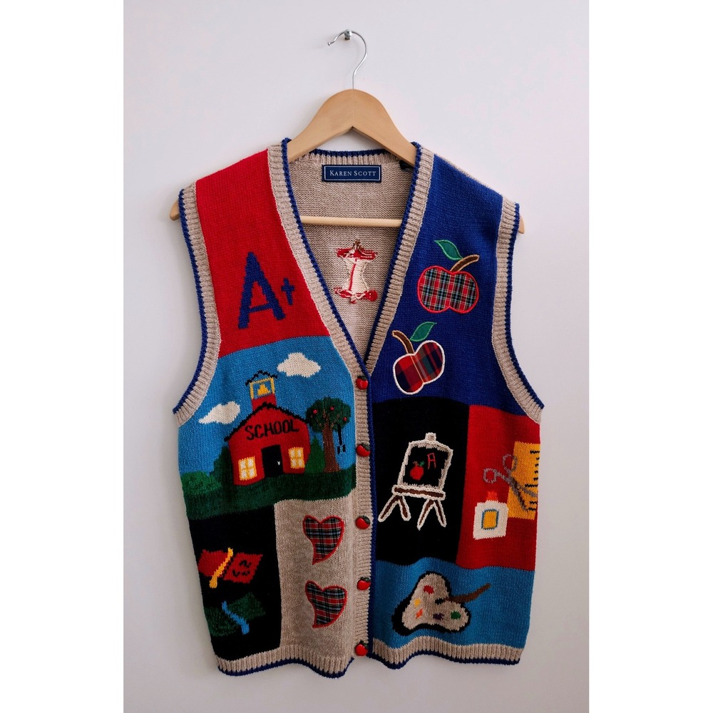 Scott Teacher Sweater Vest L School House Apple Art Knit Novelty 90s Vintage
